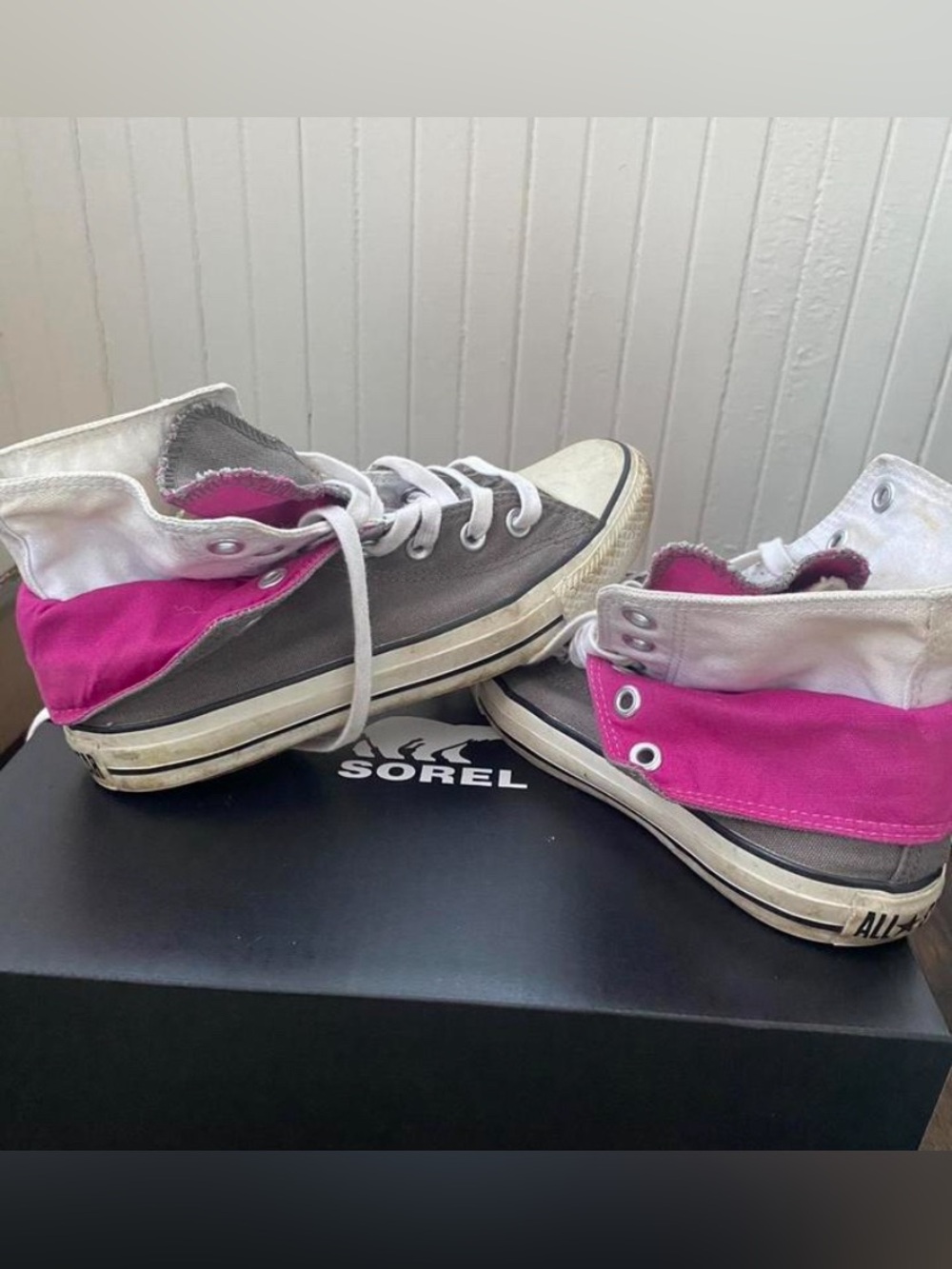 Gray and Pink Double Tongue High Top Converse